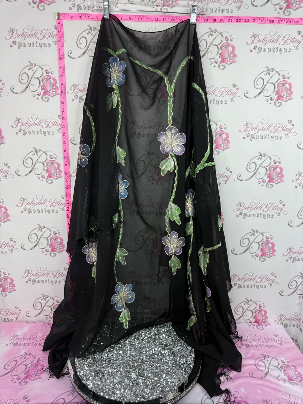 Rima beachworld Black Sheer Floral Embroidered Wrap with Blue & Lavender Blooms